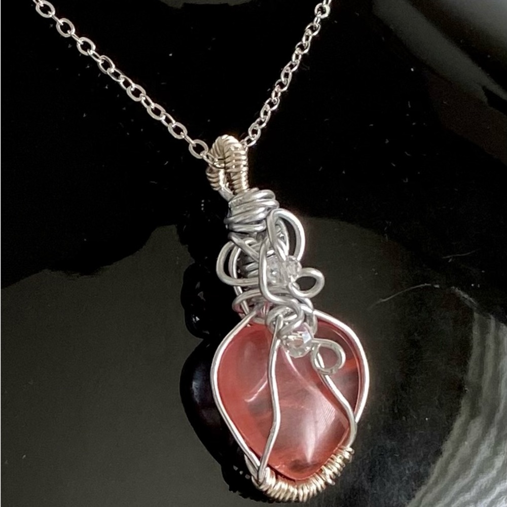 Rose Quartz wire wrapped heart pendant necklace